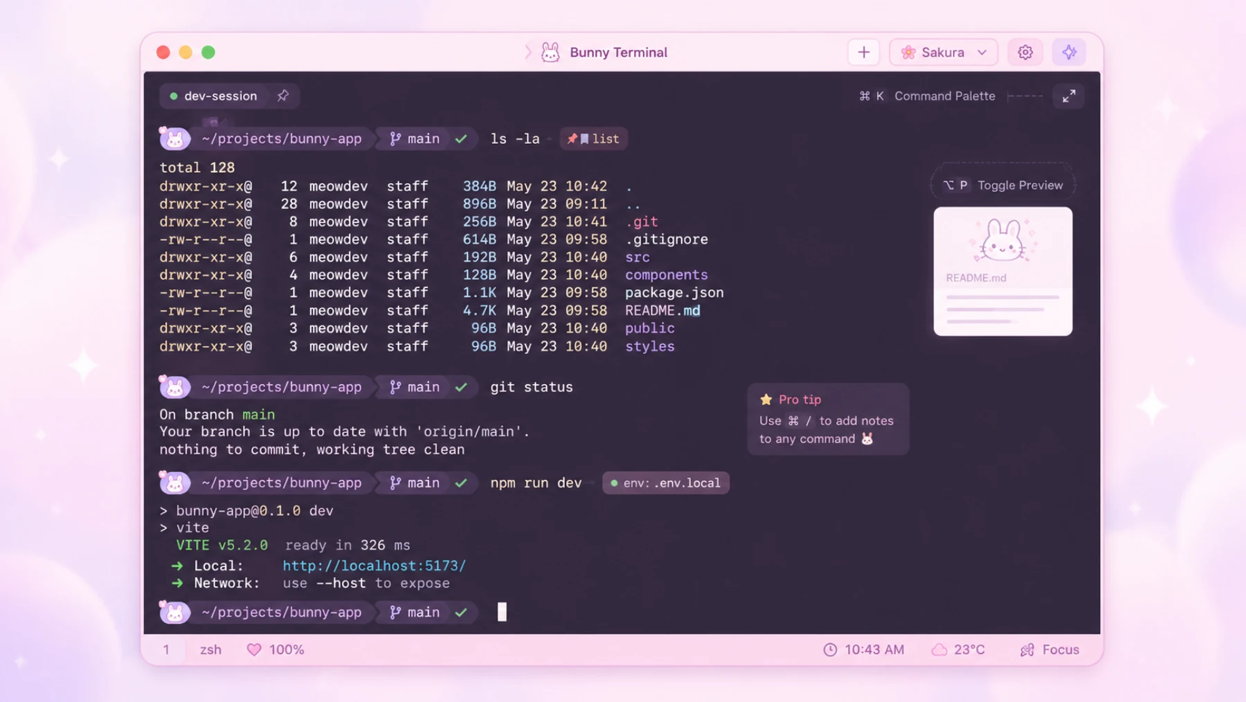 Bunny Terminal interface direction with a dark terminal, pink controls, and plum blossom details