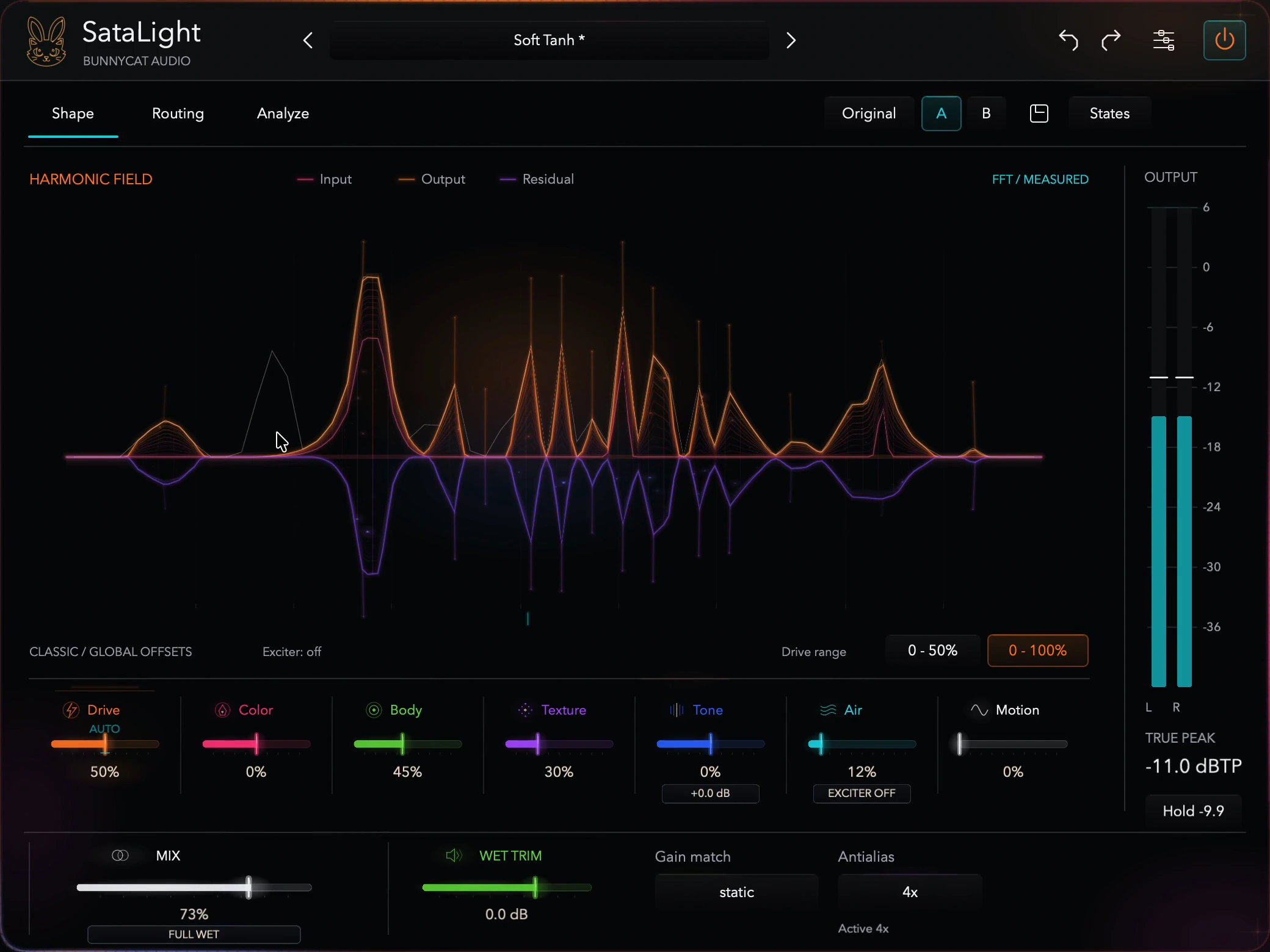 SataLight 0.7.0 native macOS Shape workspace with the harmonic field and sound-shaping controls