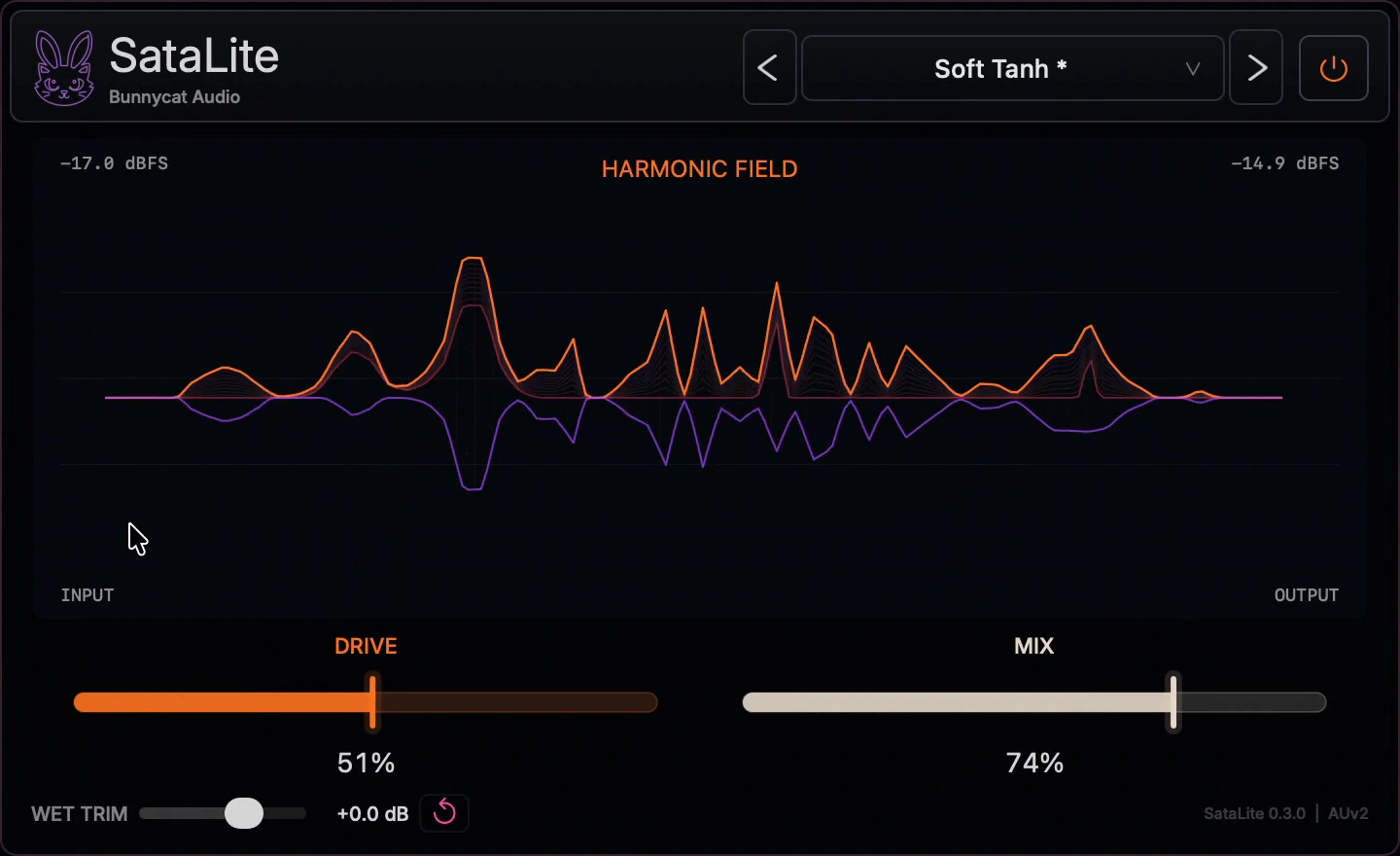 SataLite 0.3.0 native macOS interface with the harmonic field, Drive, Mix and Wet Trim